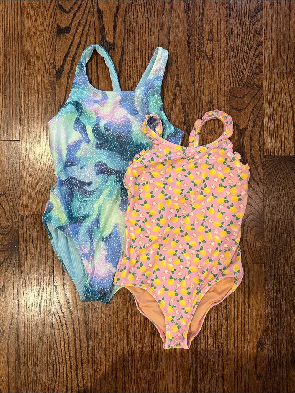 Crewcuts & Zella Girls Teal Tie Dye and Pink Lemon Print One-Piece Swimsuits